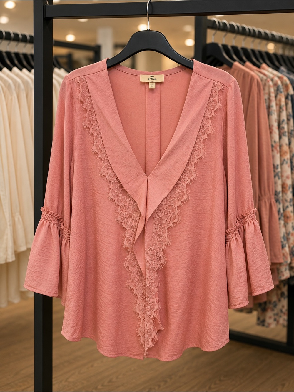 entro Dusty Rose Lace-Trim V-Neck Blouse